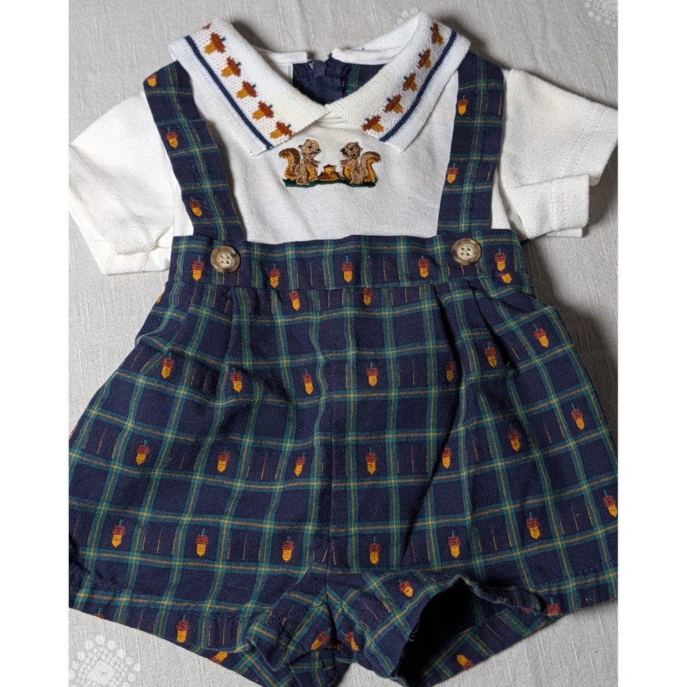 Vintage Baby Outfit 0-3 Months Squirrel Embroidered Plaid Romper Set Made USA